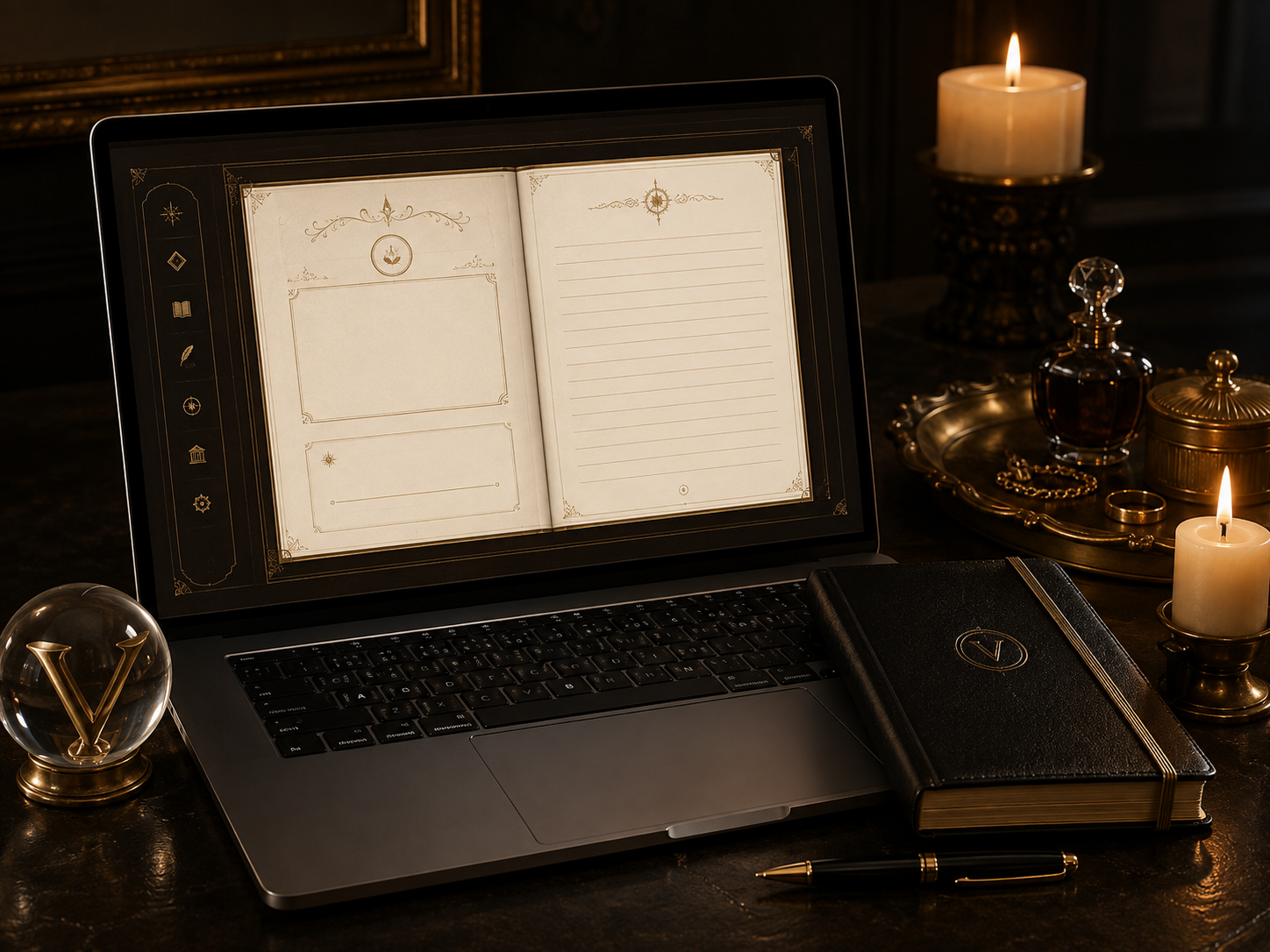 Digital journaling workspace with laptop, black leather journal, candles and gold accessories