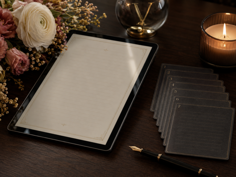 Tablet with seven numbered journaling prompt cards, flowers and candlelight