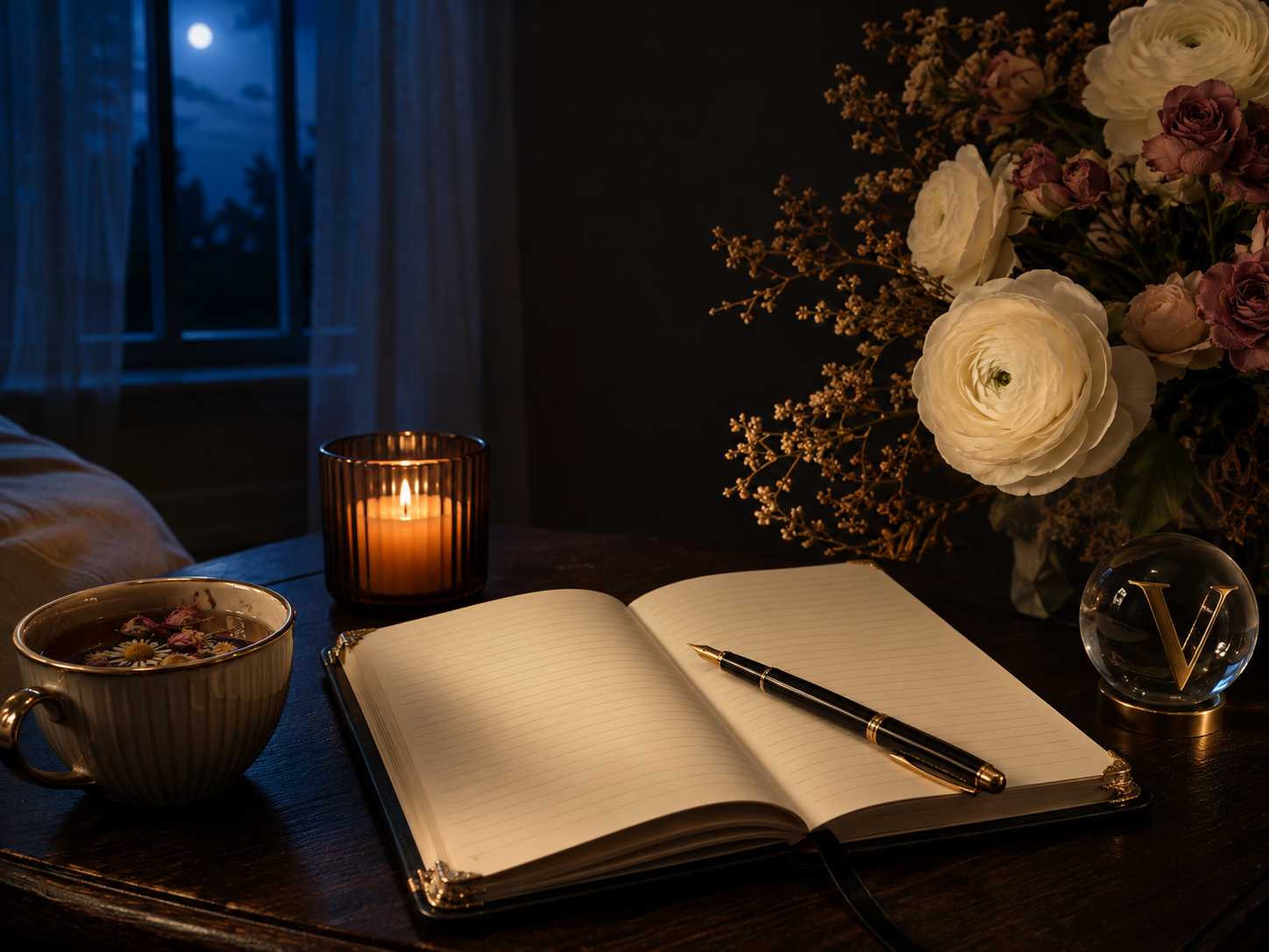 Open evening journal with candle, herbal tea, flowers and moonlight